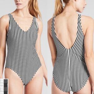 Athleta Seersucker V-Neck One Piece Bathing Suit S